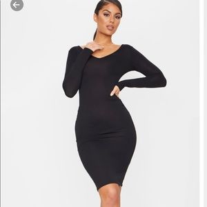 Black V Neck Long Sleeve Midi Dress